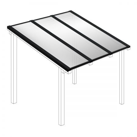Polycarbonaat kanaalplaten dak helder compleet, vrijstaand, breedte tot 3,06 m x diepte tot 3,5 m. Profielen zwart
