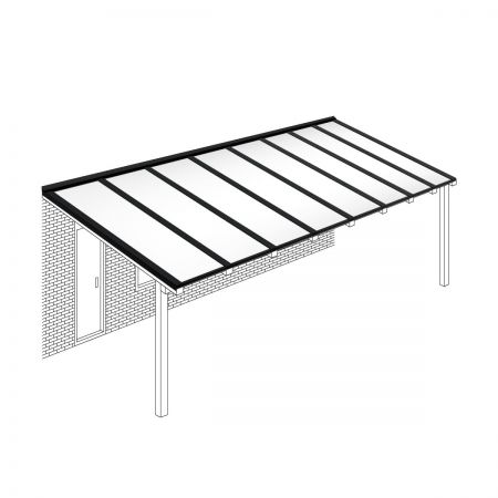 Polycarbonaat kanaalplaten dak opaal wit compleet, aan muur, breedte tot 8,06 m x diepte tot 3 m. Profielen zwart