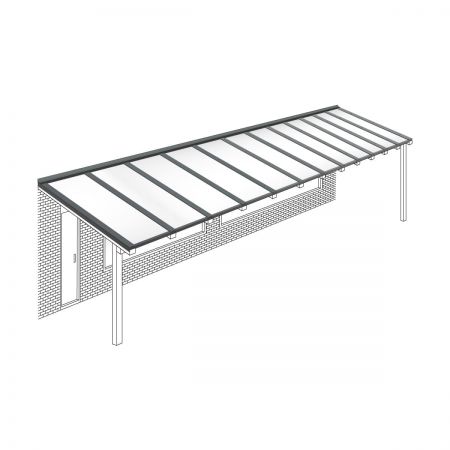 Polycarbonaat kanaalplaten dak opaal wit compleet, aan muur, breedte tot 12,06 m x diepte tot 2,5 m. Profielen antraciet